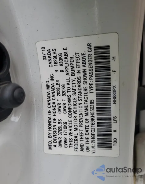 2019 Honda Civic Lx из США, поврежденный, VIN 2HGFC2F69KH550385